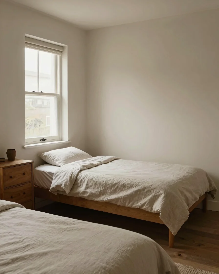 Warm editorial interior photograph of a furnished shared bedroom