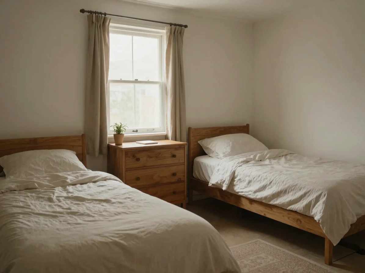 Wide editorial view of a furnished shared bedroom with two single